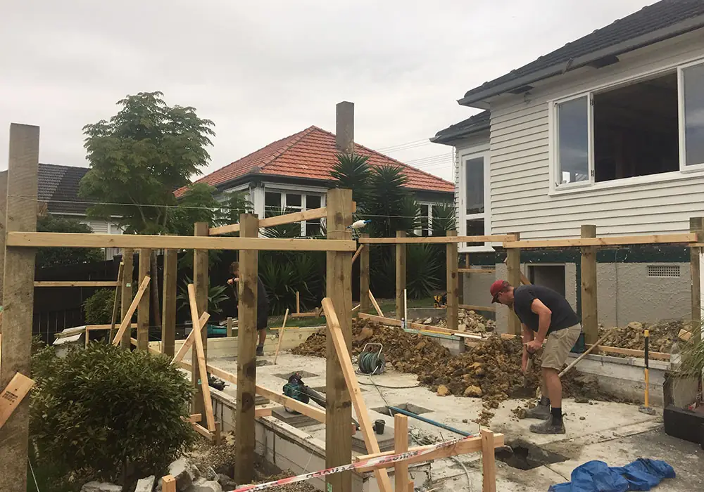 Birkenhead 1950s state house during framing of the extension