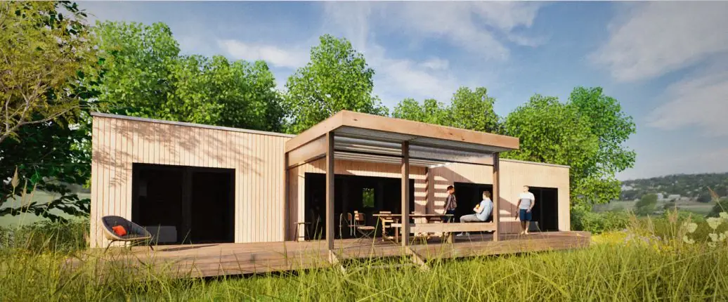 Artist's impression of a Fab Living prefab home with vertical macrocarpa cladding, pergola and deck