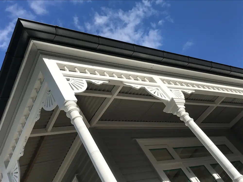 Verandah roofline with frieze, brackets and turned posts on a Mt Eden villa