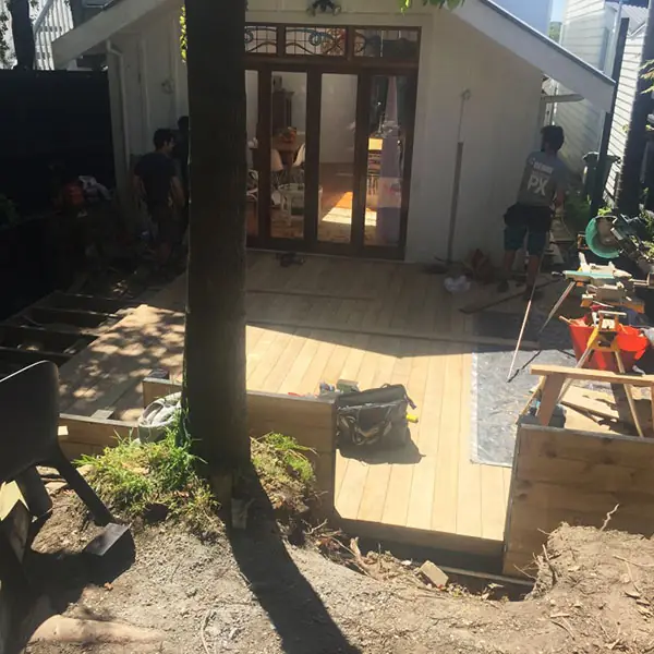 Vitex hardwood decking being laid around a tree at a Ponsonby home