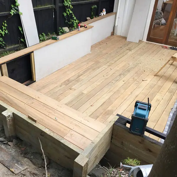 Ponsonby deck during the build, with hardwood decking and seat framing in place