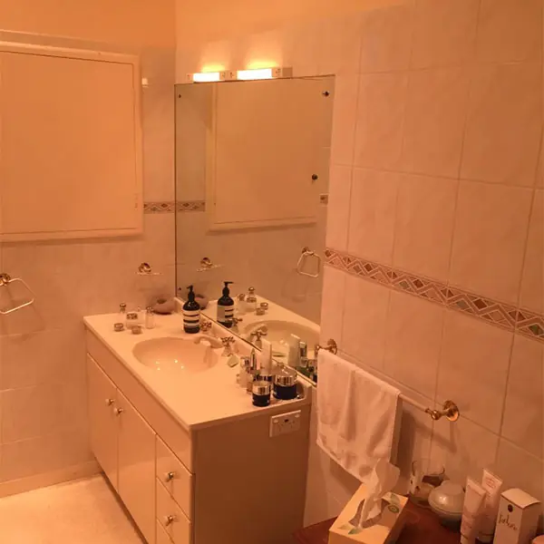 Before: dated Remuera bathroom vanity and tiling