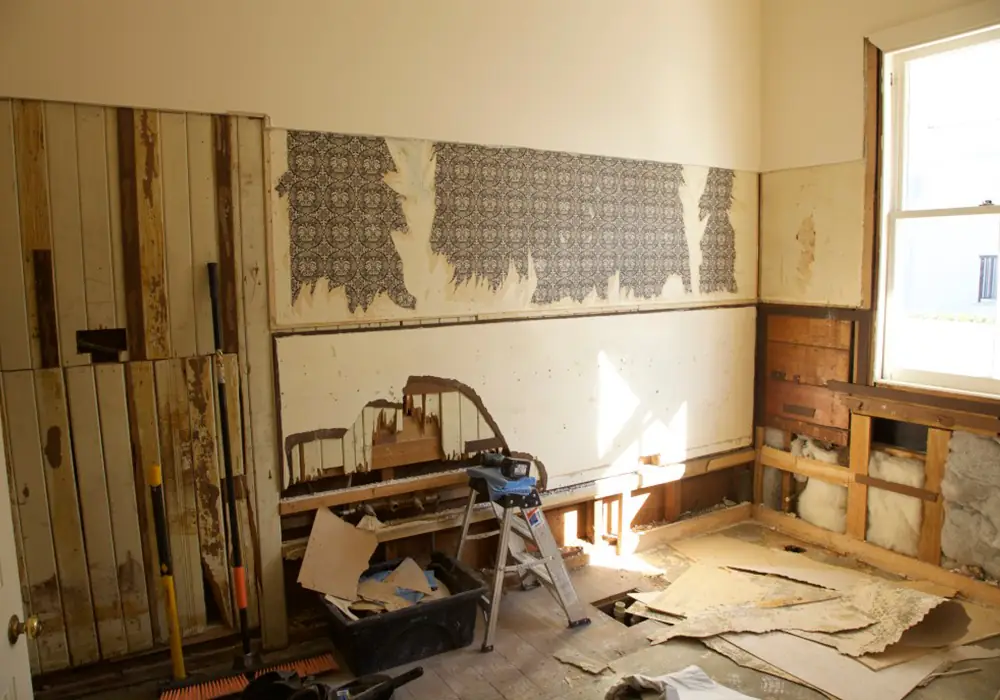 Old linings and wallpaper removed in a Remuera bathroom renovation