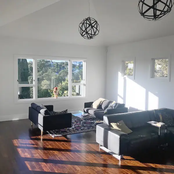Rebuilt living room in the renovated Remuera bungalow