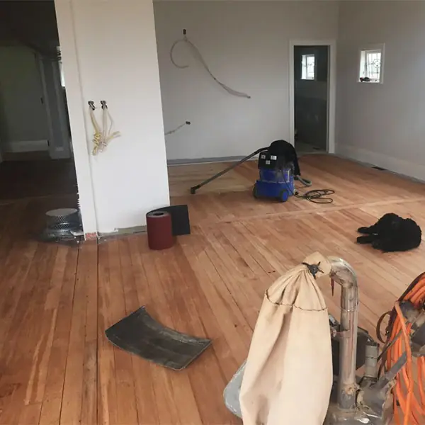 Timber floors being sanded during a Western Springs interior renovation